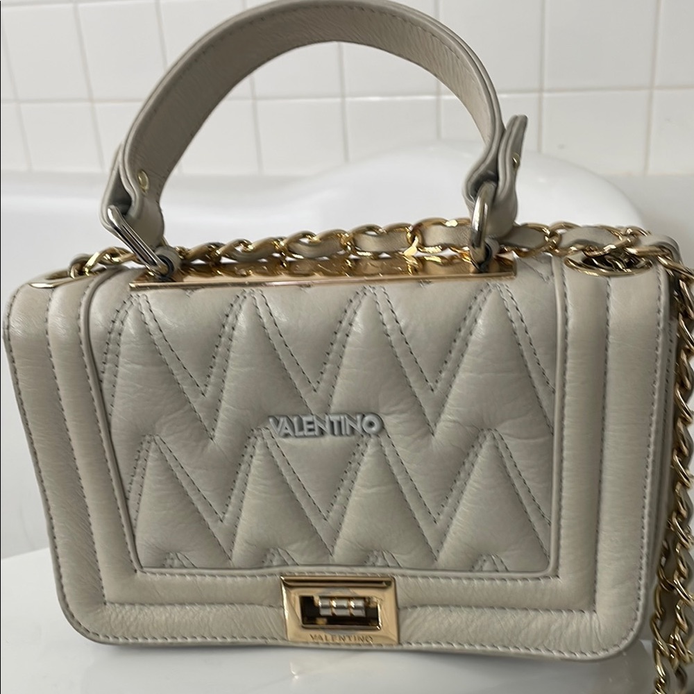 Authentic Valentino Gray Leather Shoulder Bag with Chain Strap